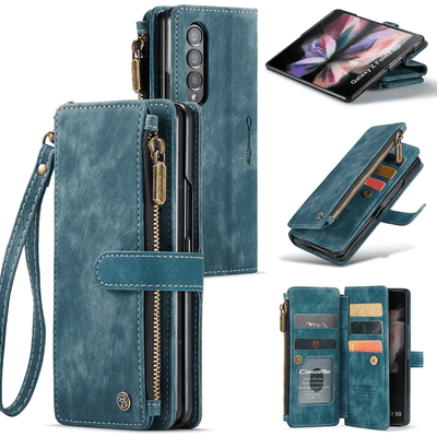 Zipper Leather Wallet Case For Samsung Z Fold Blue / Galaxy Z Fold 3 CM20220523-06-Samsung Z Fold 3 5G-Blue