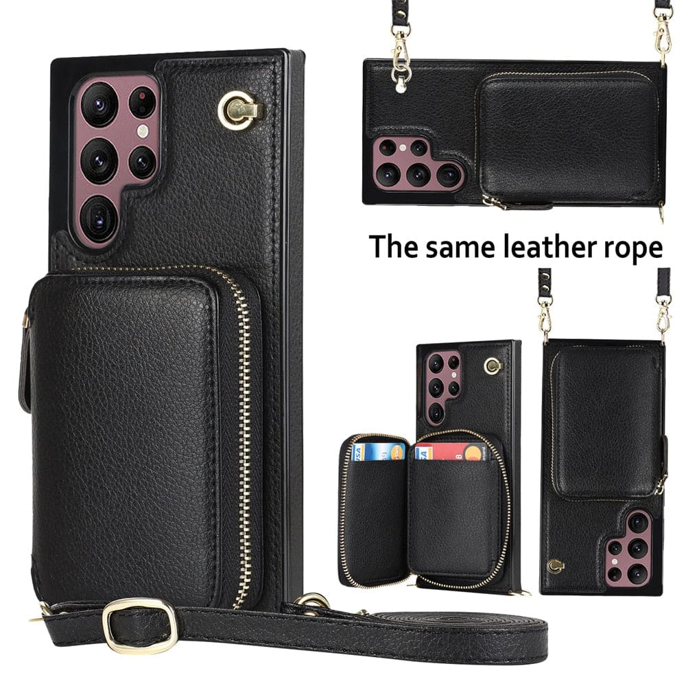 Leather Wallet Case With Lanyard For Samsung Galaxy