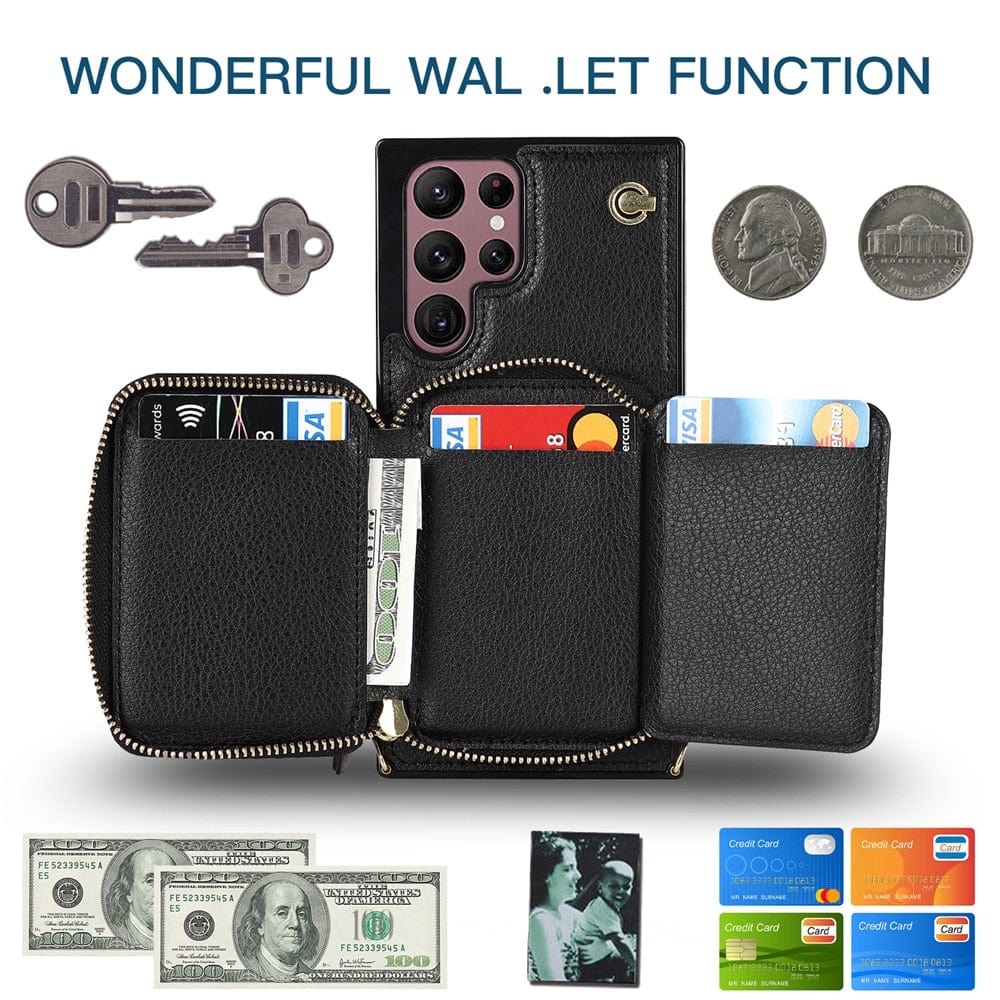 Leather Wallet Case With Lanyard For Samsung Galaxy