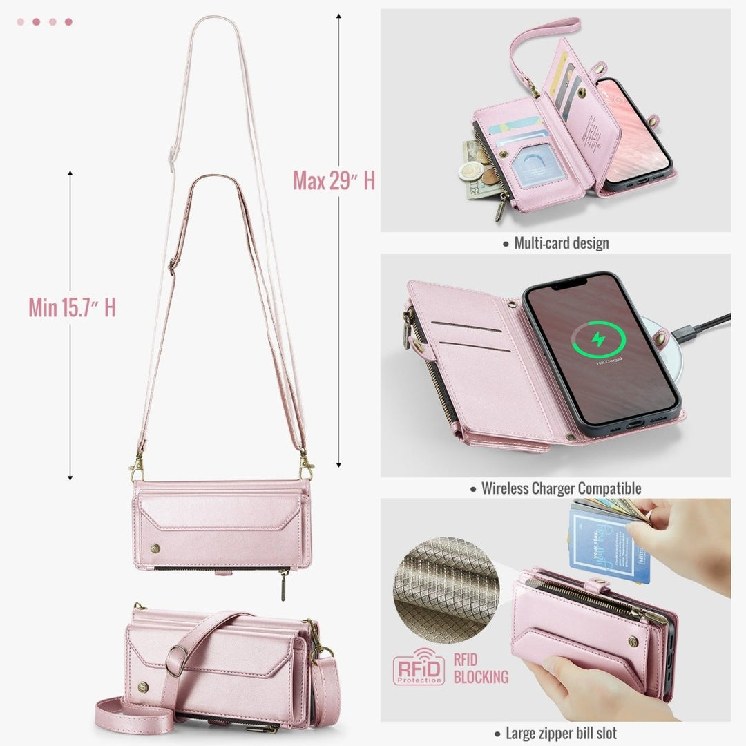 RFID Crossbody Leather Wallet Phone Case iPhone 14 Plus Pink Parkfield Supplies