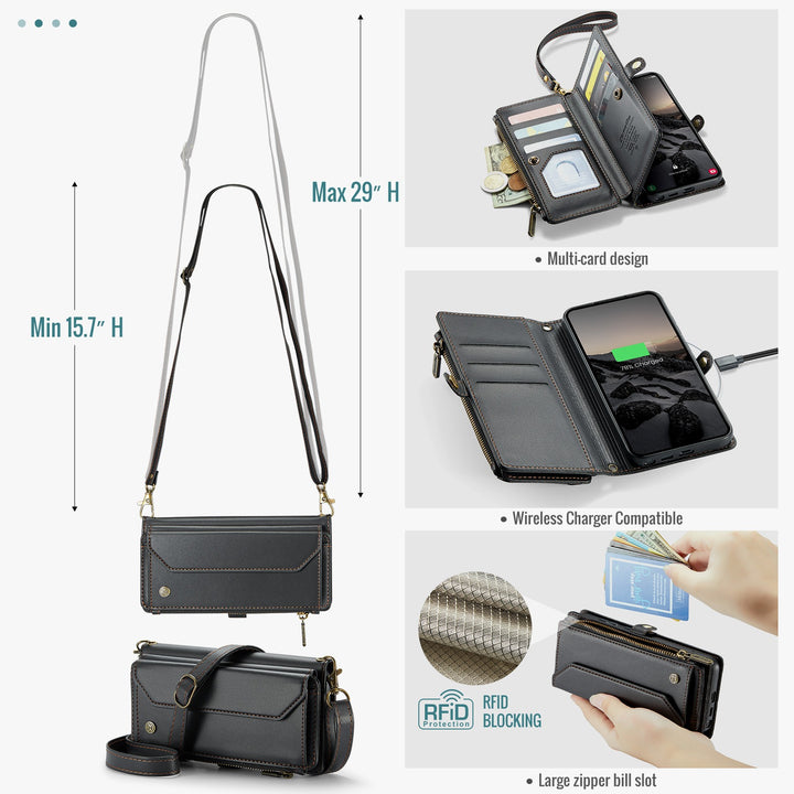 Coque portefeuille en cuir RFID bandoulière pour Samsung Galaxy