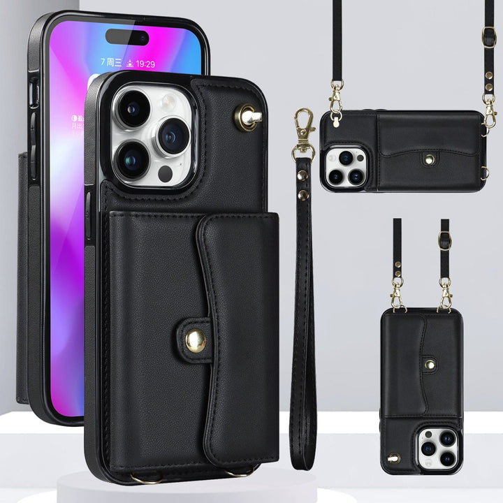 Cardholder Leather Phone Case With Lanyard