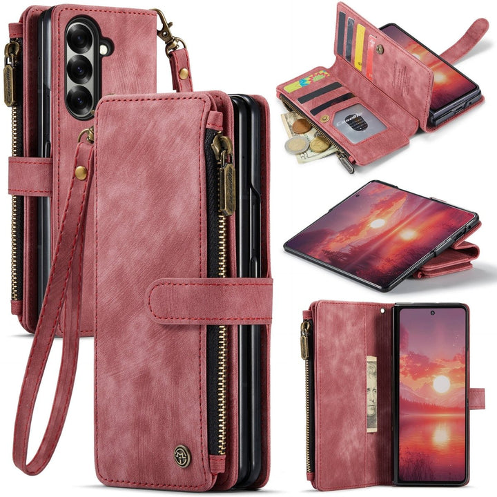 Funda billetera de cuero con cremallera para Samsung Z Fold