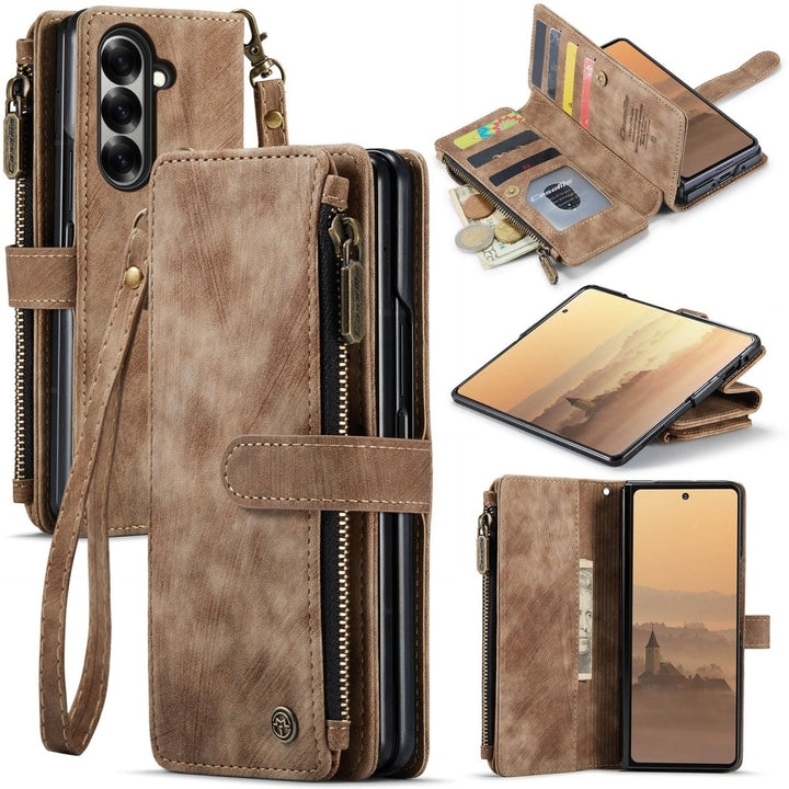 Funda billetera de cuero con cremallera para Samsung Z Fold