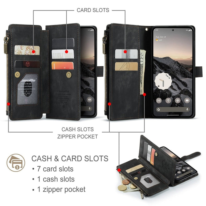 Zipper Leather Wallet Case For Google Pixel Google Pixel 7A Black Parkfield Supplies