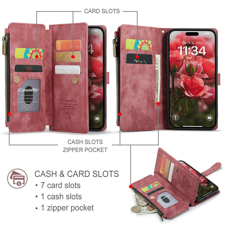 Zipper Leather Wallet Phone Case iPhone 15 Red Parkfield Supplies