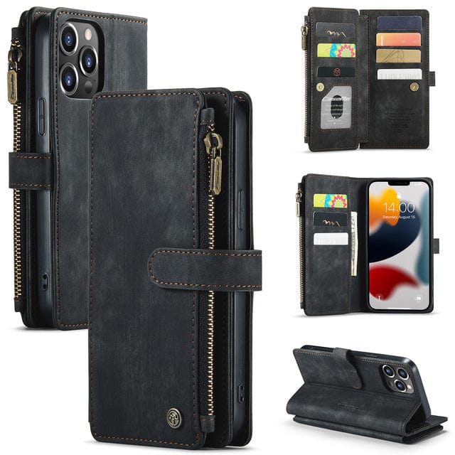 Zipper Leather Wallet Phone Case iPhone 15 / Black CM20220523-06-iPhone 15-Black