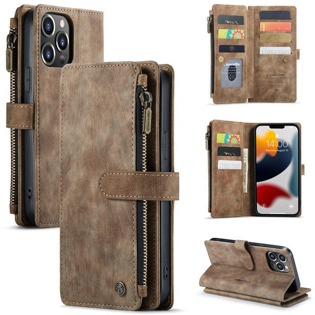 Zipper Leather Wallet Phone Case iPhone 15 / Brown CM20220523-06-iPhone 15-Brown