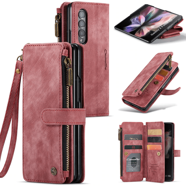 Zipper Leather Wallet Case For Samsung Z Fold Red / Galaxy Z Fold 3 CM20220523-06-Samsung Z Fold 3 5G-Red