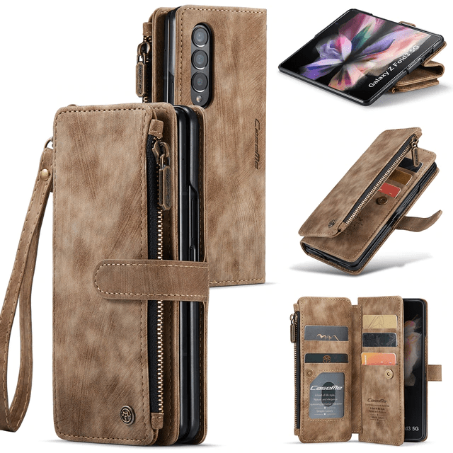 Zipper Leather Wallet Case For Samsung Z Fold Brown / Galaxy Z Fold 3 CM20220523-06-Samsung Z Fold 3 5G-Brown