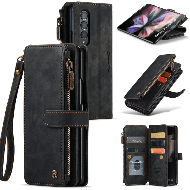 Zipper Leather Wallet Case For Samsung Z Fold Black / Galaxy Z Fold 3 CM20220523-06-Samsung Z Fold 3 5G-Black