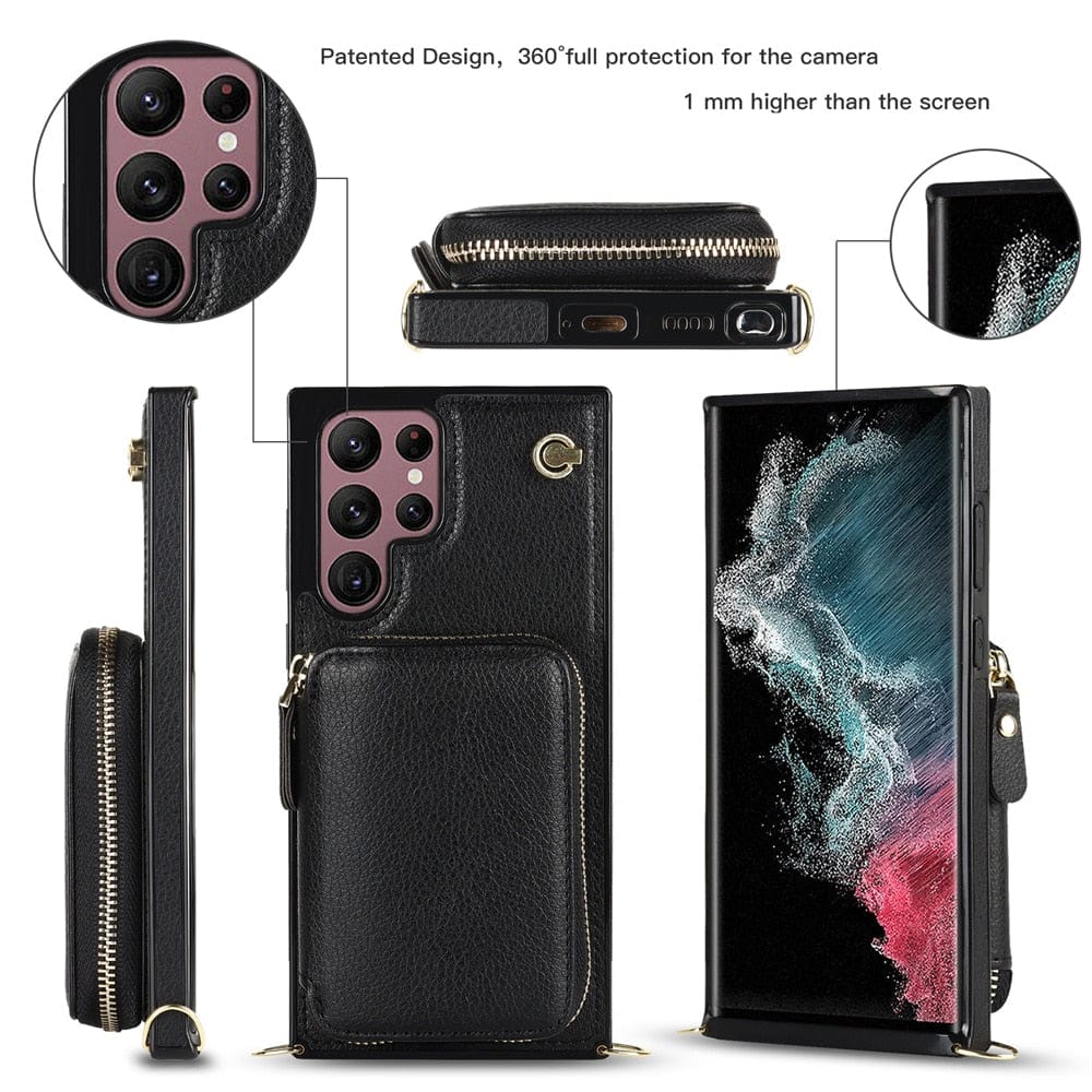Leather Wallet Case With Lanyard For Samsung Galaxy