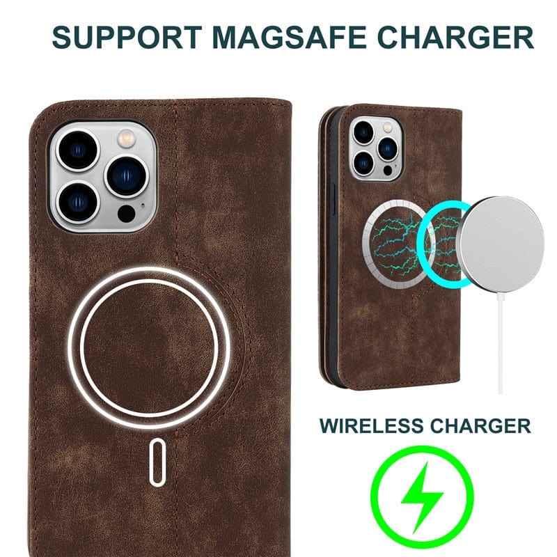 Leather Wallet Phone Case With Magnetic Charging
