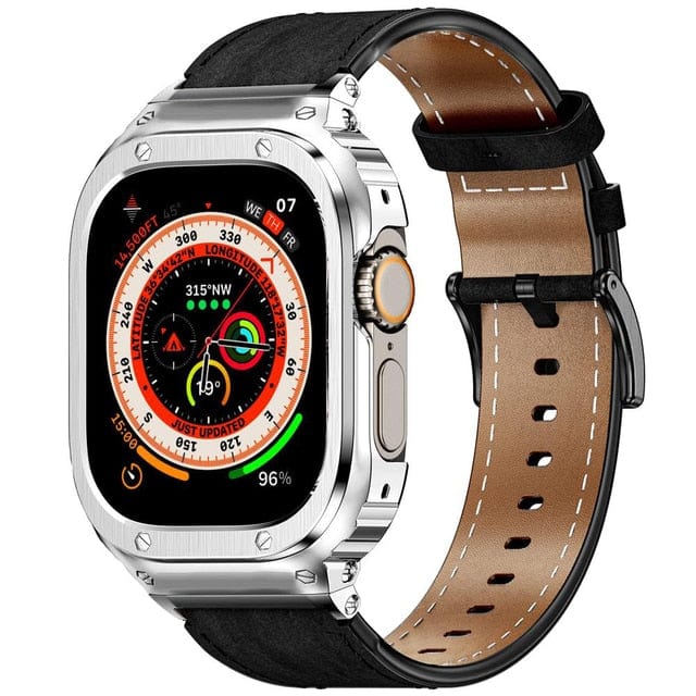 Leather Watch Band With Shockproof Case Black Silver / 41mm DP2303152S05