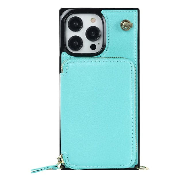 Leather Wallet Phone Case With Lanyard iPhone 13 Mini / Mint Green CM20230714-B-02-iPhone 13 Mini-Light Blue